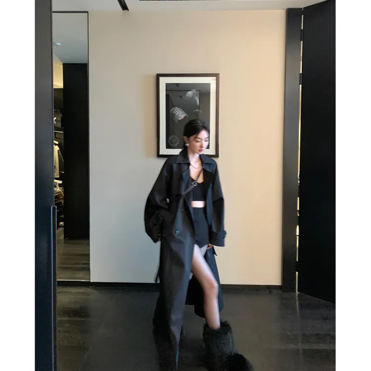 区区欧阳【秀场风衣】翻领双排扣外套女春季新款小个子长款大衣