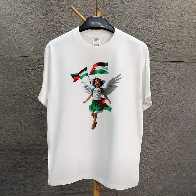 【巴勒斯坦反战争保护儿童】圆领男士百搭黑色短袖纯棉夏季印花T恤