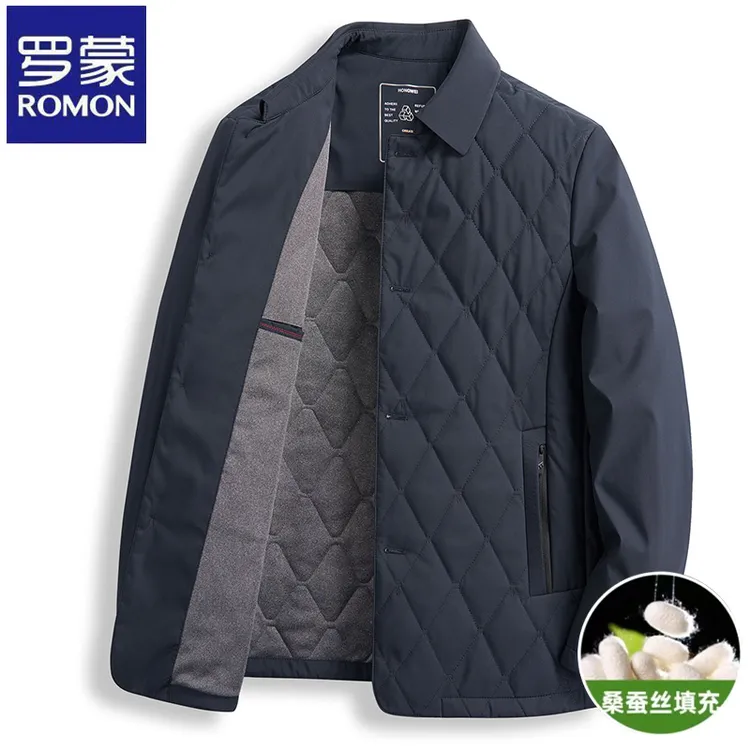 【含桑蚕丝】罗蒙高档翻领防寒棉服秋冬季中年商务格纹爸爸装外套潮