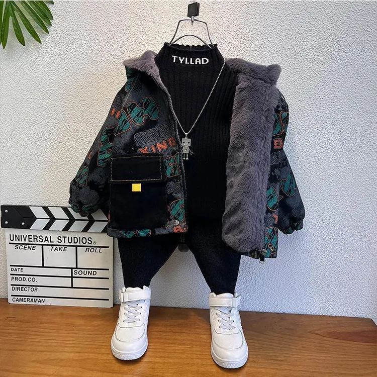 儿童棉服新款男童冬季加绒牛仔外套宝宝冬款派克服男孩冬装上衣潮