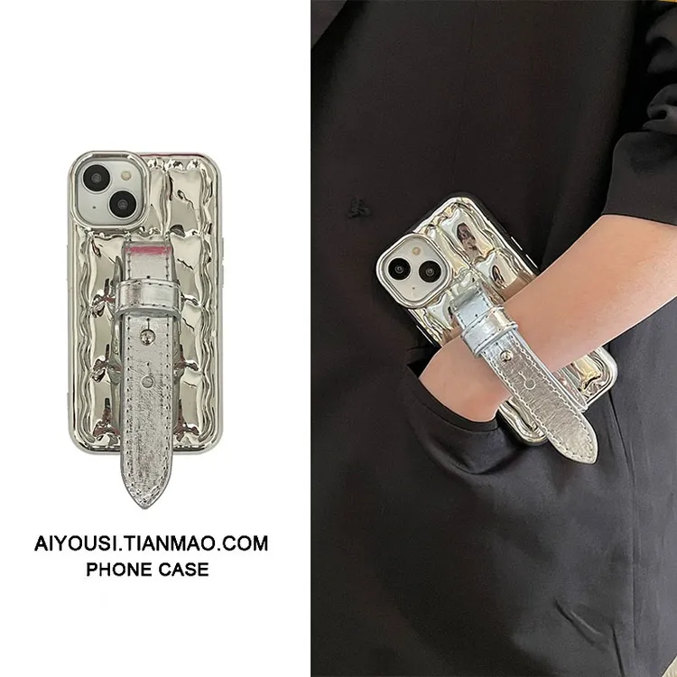 高级镜面银皮质护腕iphone14手机保护壳苹果13promax新款12硅胶11