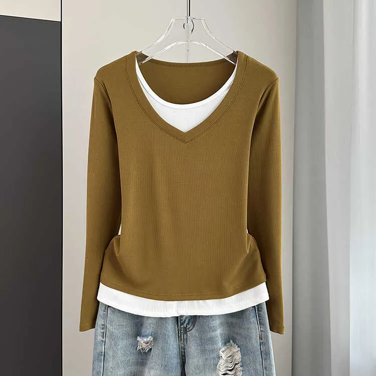 假两件v领长袖打底衫女2024秋冬新款内搭显瘦宽松遮肉减龄T恤上衣