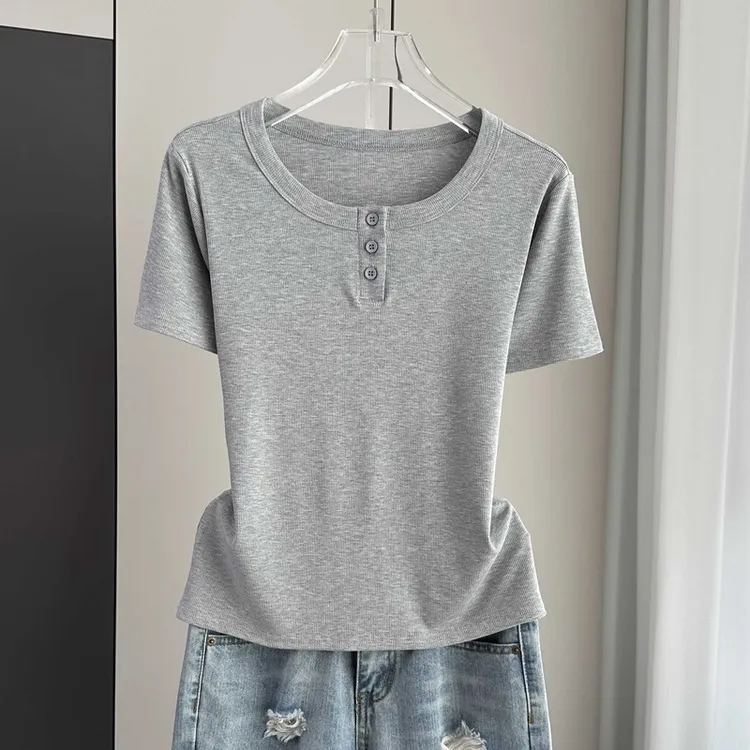螺纹纽扣圆领短袖t恤女2024春夏季新款遮肚子内搭半袖打底上衣潮