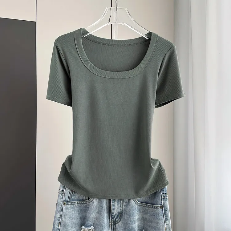 方领螺纹正肩短袖t恤女士夏季2025新款薄款宽松大码显瘦遮肉上衣