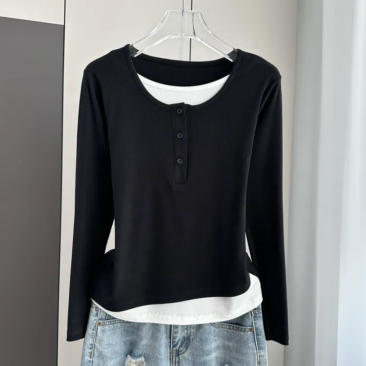 假两件长袖t恤上衣2025新款早秋冬季薄款可外穿内搭上衣打底衫春