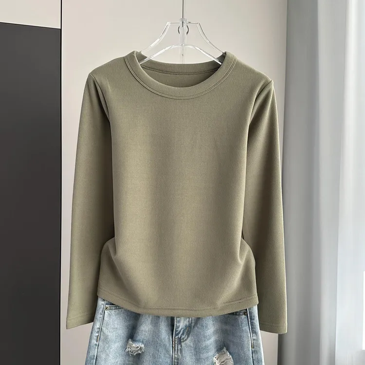 纯色正肩圆领长袖修身内搭打底衫女秋冬新款百搭加厚加绒上衣t恤