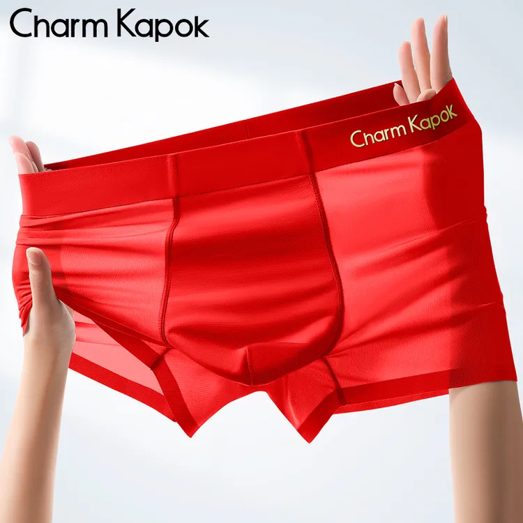 CharmKapok男内裤红色本命年无痕属蛇年结婚冰丝平角短裤网孔凉感