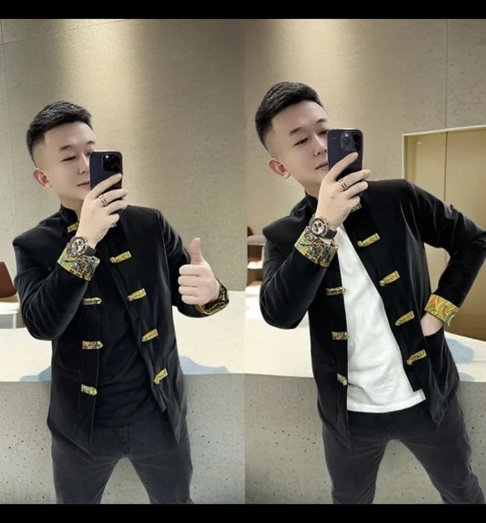 秋冬季新品男士外套花里衬唐装外套中国风盘扣时尚设计感潮流夹克