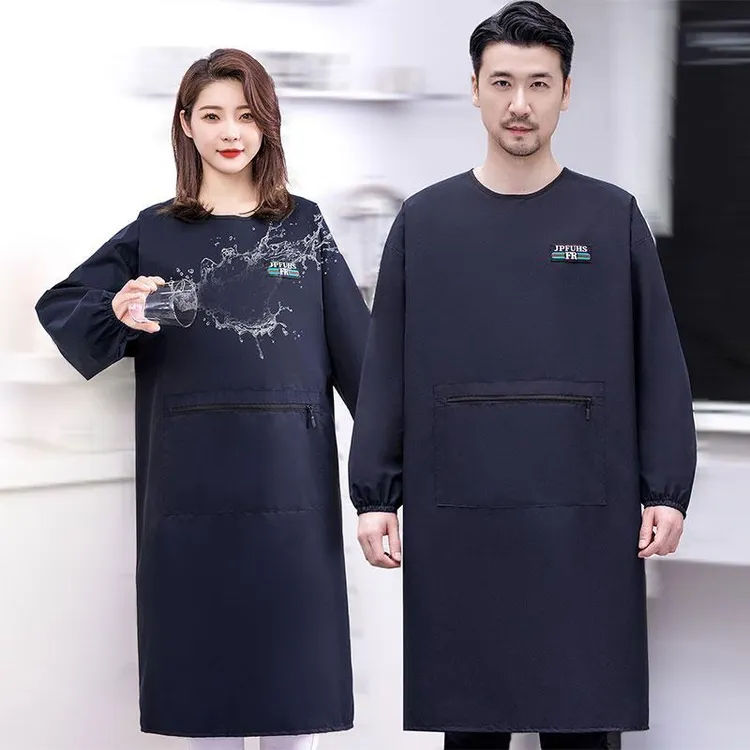 加肥防水厨房男拉链兜做饭围裙餐饮专用防油加大长袖加长罩衣饭店