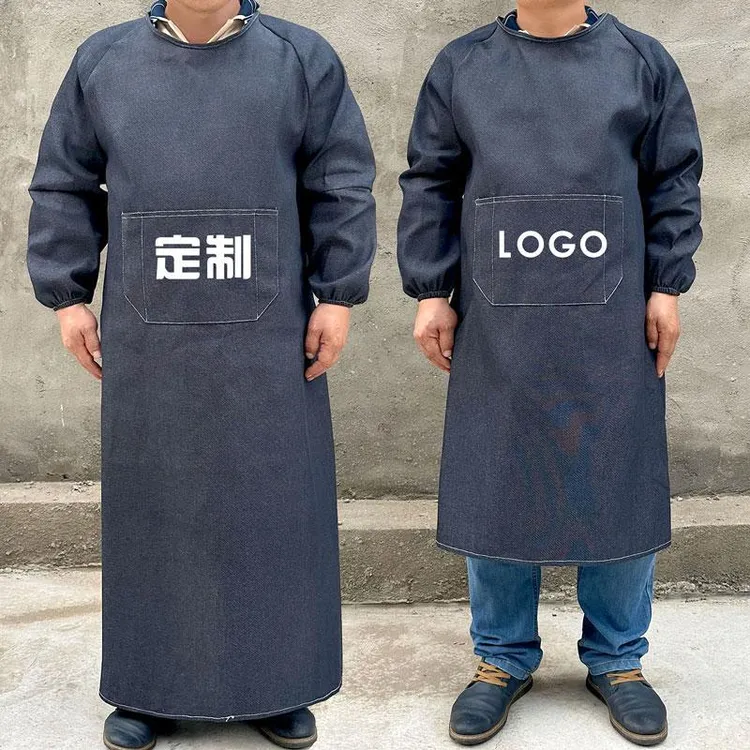 印字牛仔加长加肥罩衣长袖围裙工厂车间做饭围腰厨房做饭男士定制