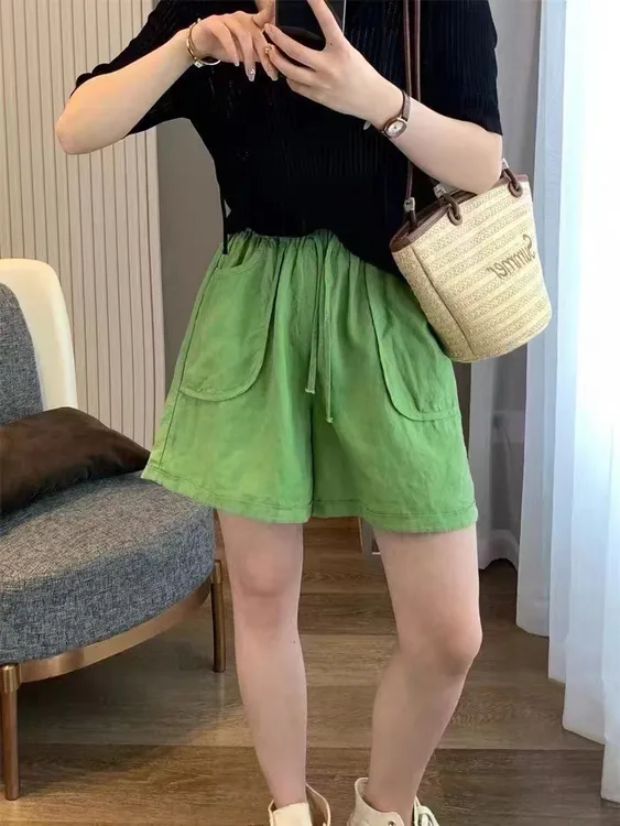 秋夏季新款复古大口袋休闲短裤女系带松紧腰宽亚麻直筒短裤