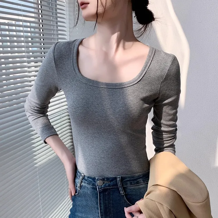 方领长袖T恤女2025春秋漏锁骨正肩内搭纯棉打底衫显瘦低领上衣