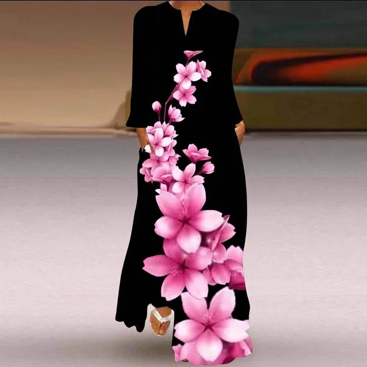 长袖长裙2025春夏新款 口袋连衣裙 舞台走秀表演礼服海边旅游裙子