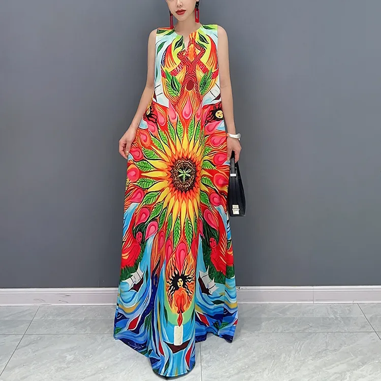 2025夏季新款韩版气质向日葵大花印花A字领无袖背心连衣裙时尚女