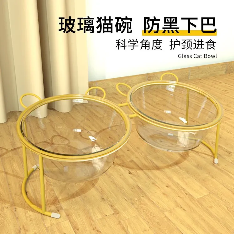 玻璃碗猫碗狗碗猫食盆狗食盆不锈钢碗陶瓷水碗一体宠物护颈碗