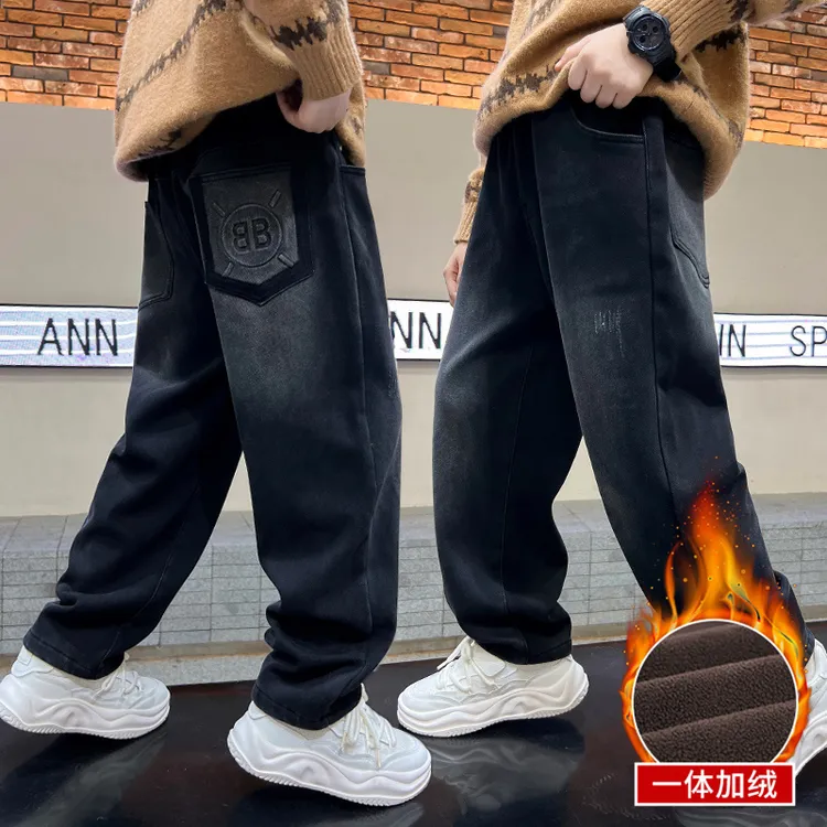 男童加绒牛仔裤冬款2024中大童休闲长裤宽松儿童秋冬加厚裤子保暖