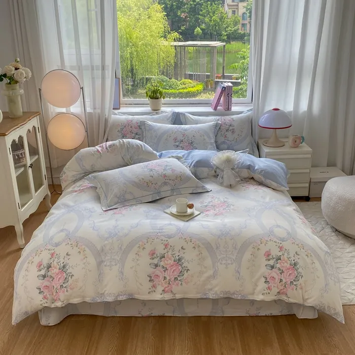 60支全棉斜纹13372活性磨毛印花四件套棉被套床单小清新纯棉轻奢