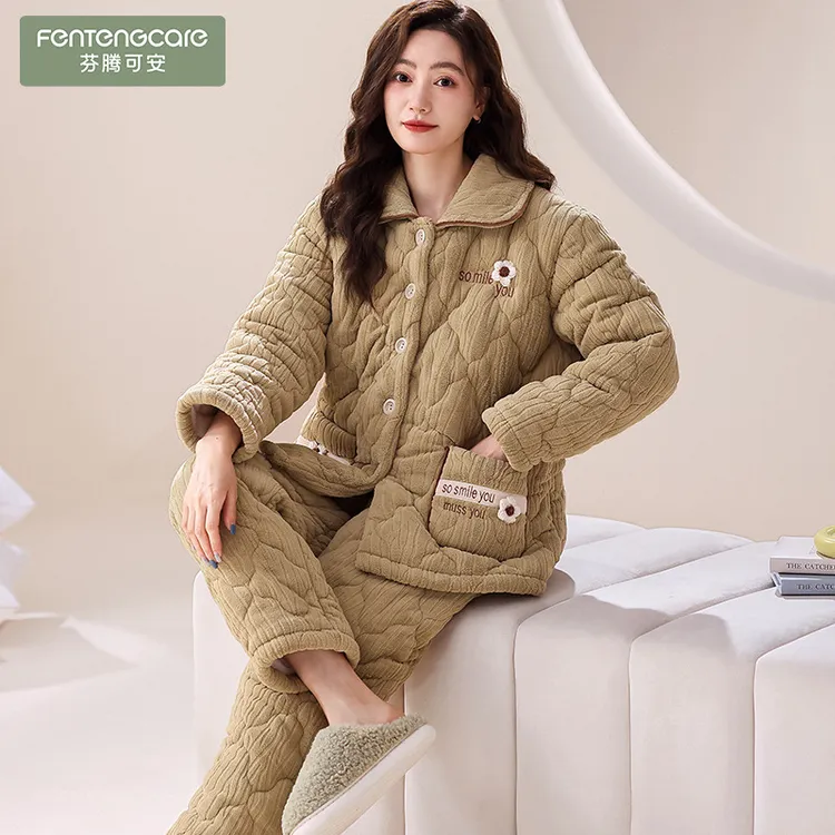芬腾可安女士三层加厚珊瑚绒夹棉睡衣秋冬季法兰牛奶绒保暖棉袄家