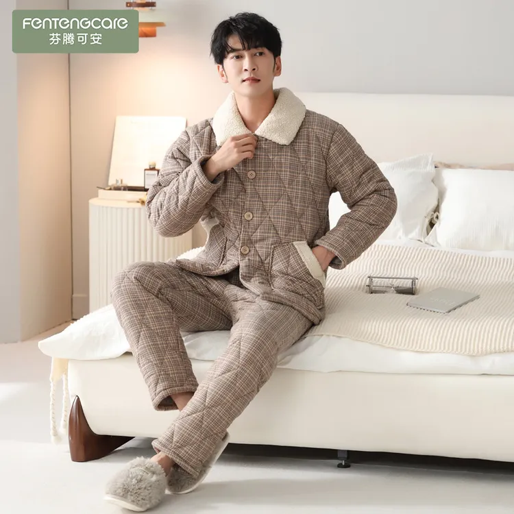 芬腾可安睡衣男士冬季三层加厚加绒纯棉夹棉秋冬保暖防静电冬天家