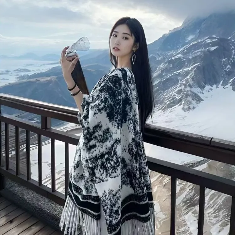 复古水墨东方美学披肩双面加厚流苏围脖秋冬保暖围巾长款99886