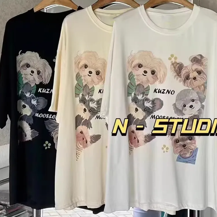 2024夏季200斤大码女装微胖可爱卡通狗狗印花宽松短袖T恤女上衣