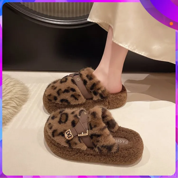 毛毛鞋女2025新款加绒一脚蹬豹纹包头半拖外穿鞋松糕底厚底毛毛鞋
