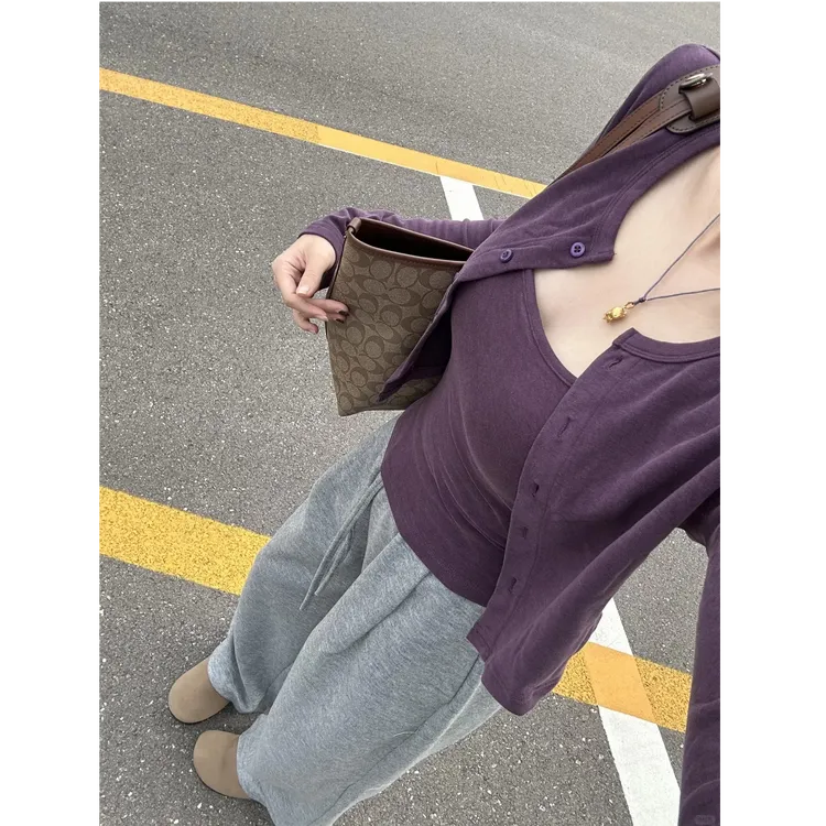 温柔风时尚紫色开衫外套内搭吊带背心穿搭休闲裤三件套装