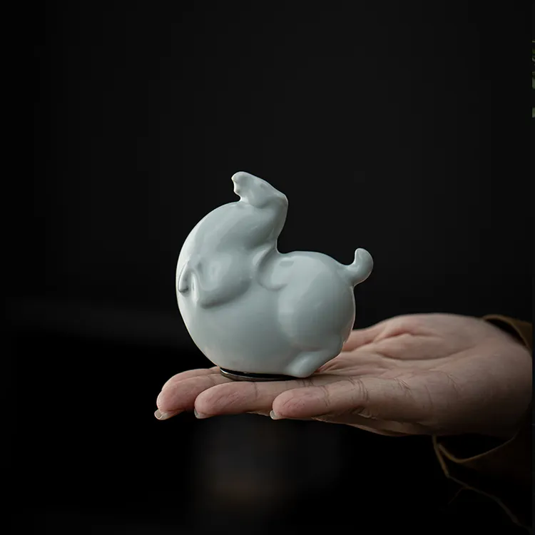 宇轩 创意立马赚钱汝窑萌兔茶宠茶玩摆件底部转动可养客厅装饰品