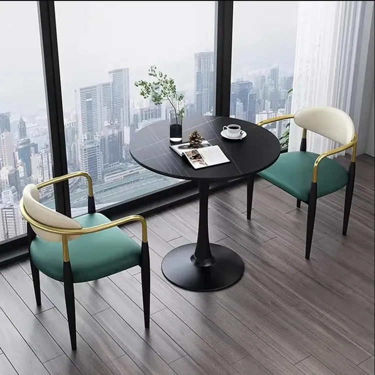 轻奢岩板洽谈大圆餐桌家用售楼处餐厅户外阳台小茶桌椅三件套组合