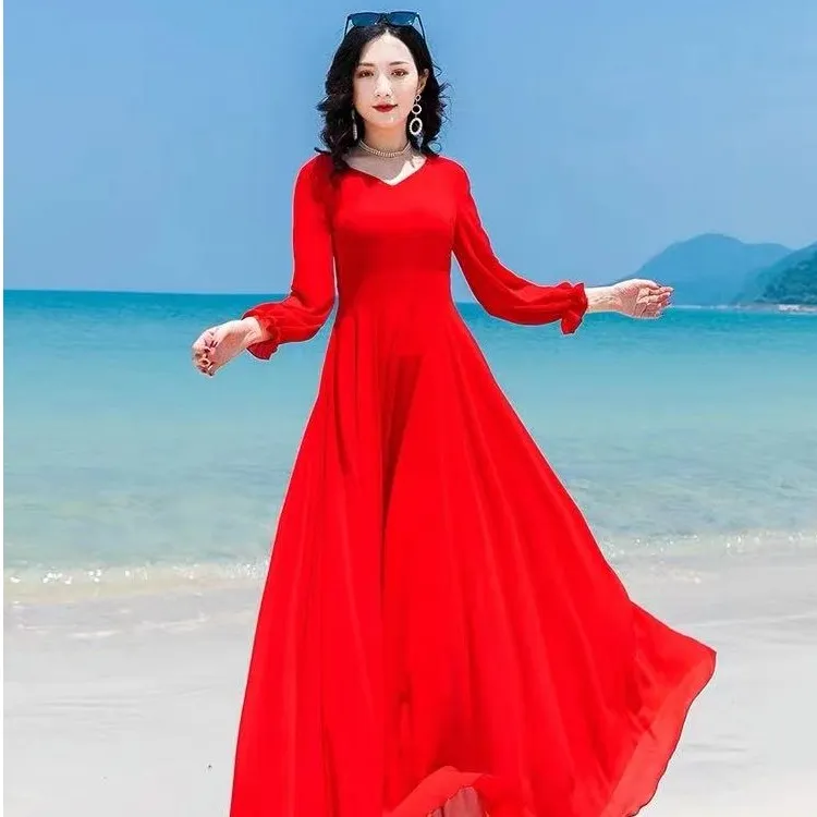 『衣美仙』新款超仙长袖双层大摆大码宽松显瘦气质红色过膝沙滩裙