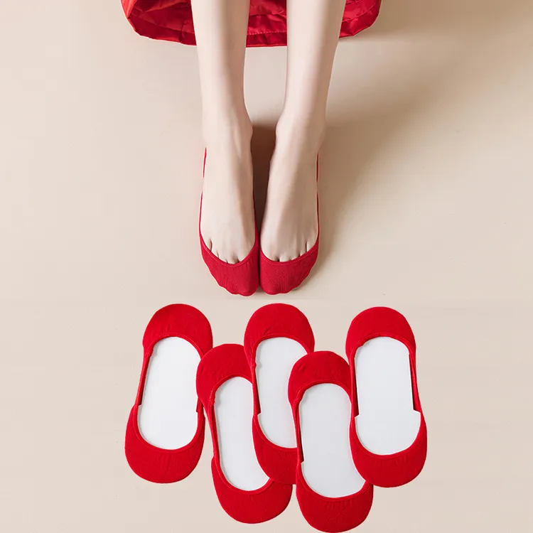 红袜子结婚超浅口隐形袜男士女士超弹大红色婚庆船袜高跟鞋不露边