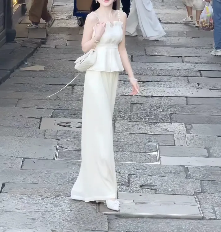 2024夏季新款新中式褶皱收腰显瘦吊带上衣高腰垂感拖地阔腿长裤