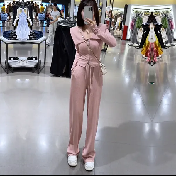 时尚休闲套装女秋冬新款翻领修身长袖上衣高腰显瘦阔腿裤两件套
