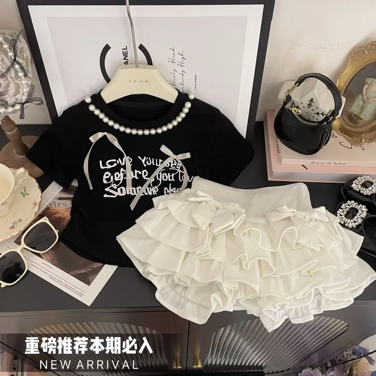女童夏季套装2025新款儿童短袖T恤韩版两件套洋气蛋糕宝宝公主风