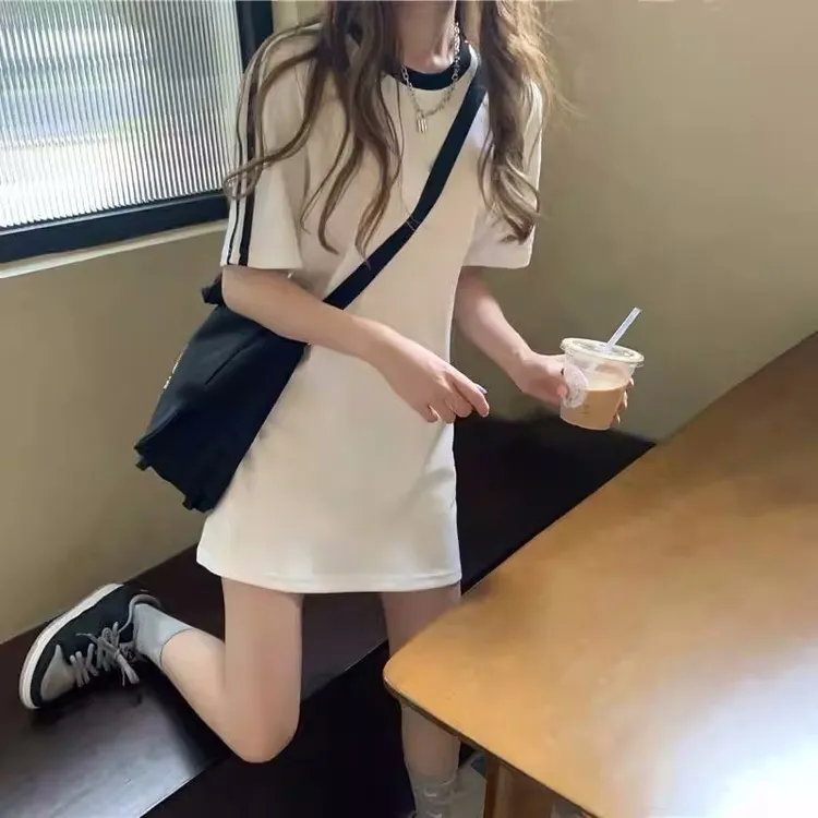 2023简约修身短袖白色T恤女夏季休闲懒惰风遮臀上衣ins百搭