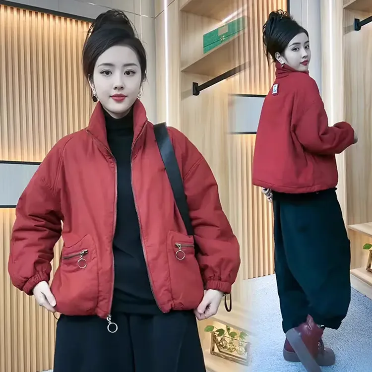 棉服女2024年新款秋冬季休闲宽松百搭立领棉衣设计感防风夹棉外套