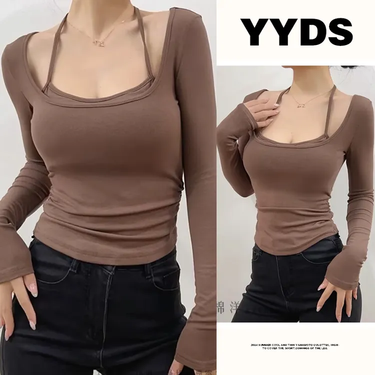 甜妹假两件绑带挂脖修身T恤女 ins纯欲胸垫款辣妹打底T恤衫