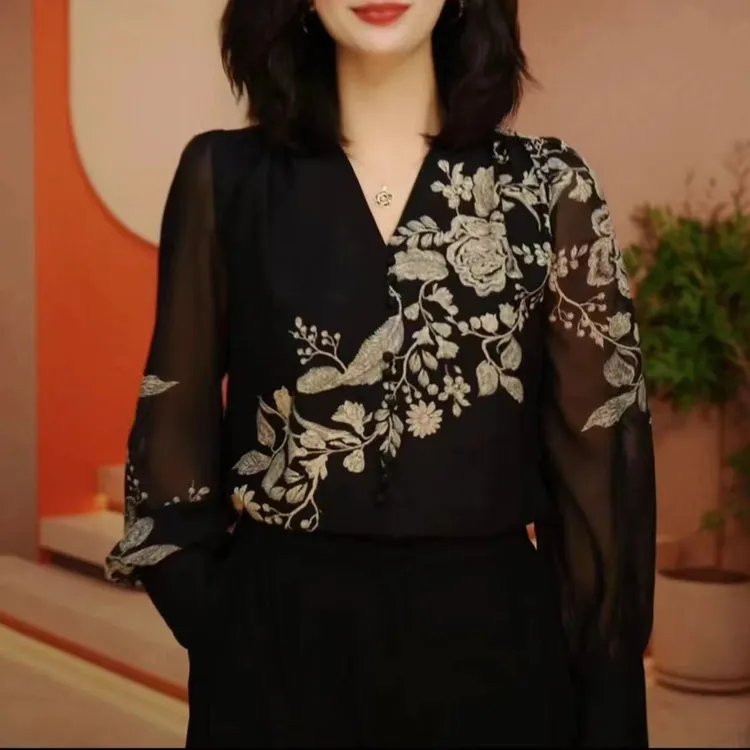 深圳原版正品琉璃双皱丝沙上衣气质印花时尚减龄洋气百搭轻奢女装