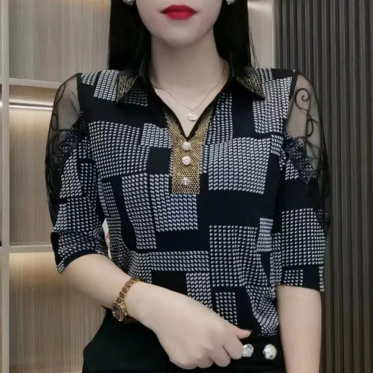 夏季新款中恤翻领烫钻洋气显瘦修身衬衫上衣时尚百搭印花女装