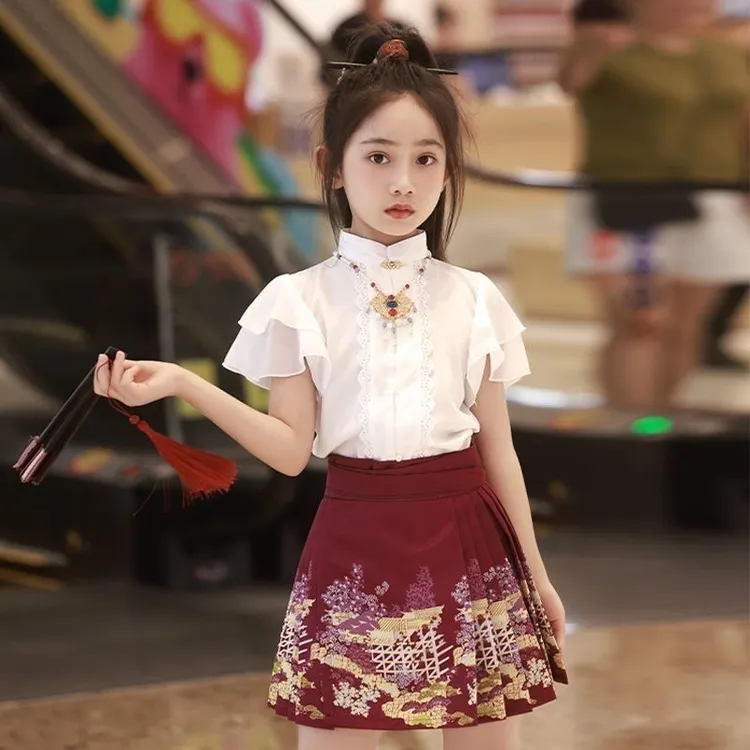 马面裙女童夏季短袖套装中国风夏天童装半身裙儿童汉服短款连衣裙