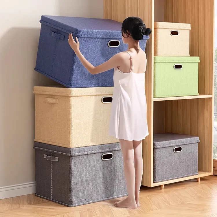 棉麻衣物收纳箱家用衣柜大容量装衣服被子整理盒折叠式带盖储物筐