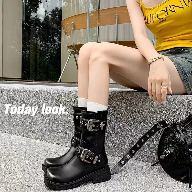 复古擦色新款方头粗跟西部牛仔靴女秋冬厚底中筒皮带扣马丁靴短靴