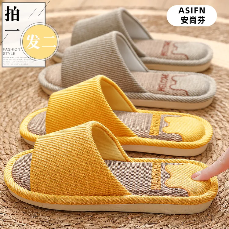 买一送一亚麻防臭室内家居情侣防滑静音家用透气布软底棉麻拖鞋女商品图