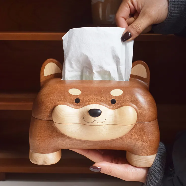 喵有型小狗柴犬纸巾盒实木可爱萌卡通家用纸抽盒客厅餐厅装饰摆件