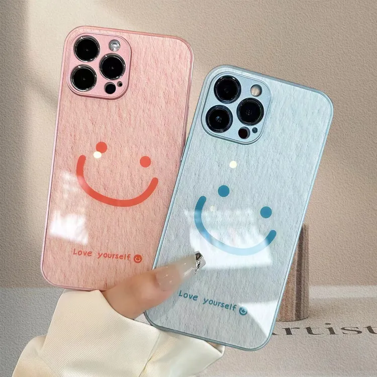 苹果/华为/荣耀/OPPO/VIVO 油画笑脸正能量金属漆钢化玻璃手机壳