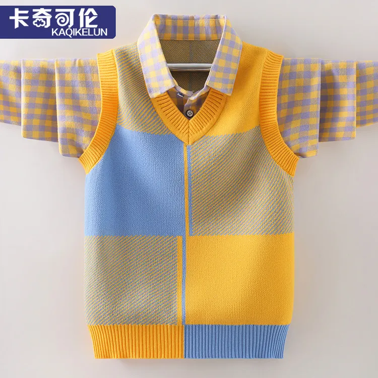 男童毛衣背心衬衫假两件秋装2025新款儿童洋气中大童针织衫秋冬潮