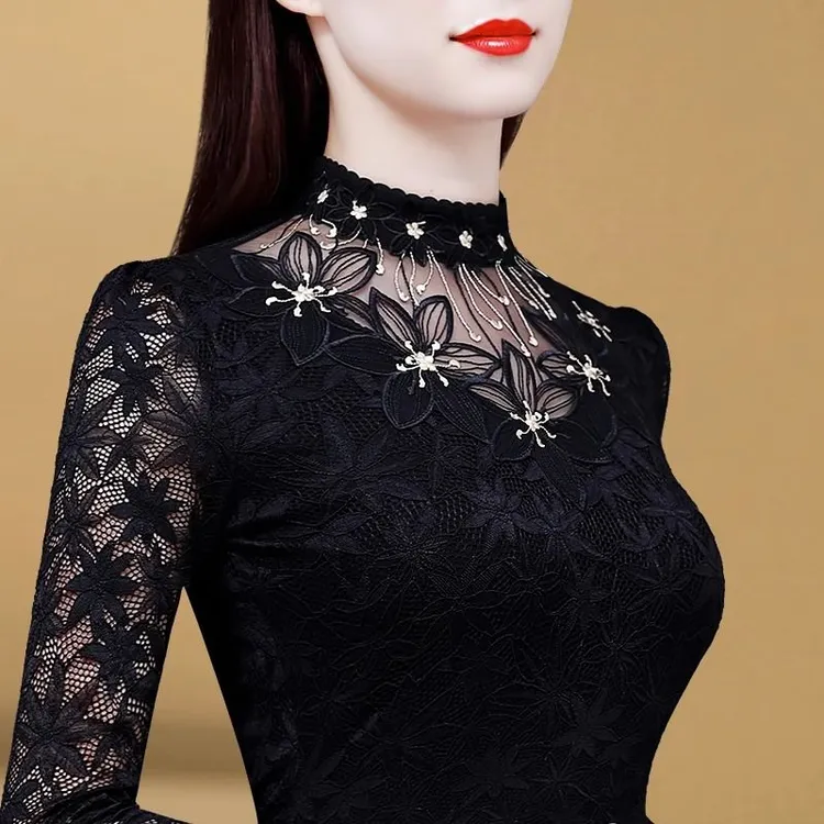 秋冬新款蕾丝半高领打底衫女百搭加厚保暖洋气女装加绒内穿打底穿