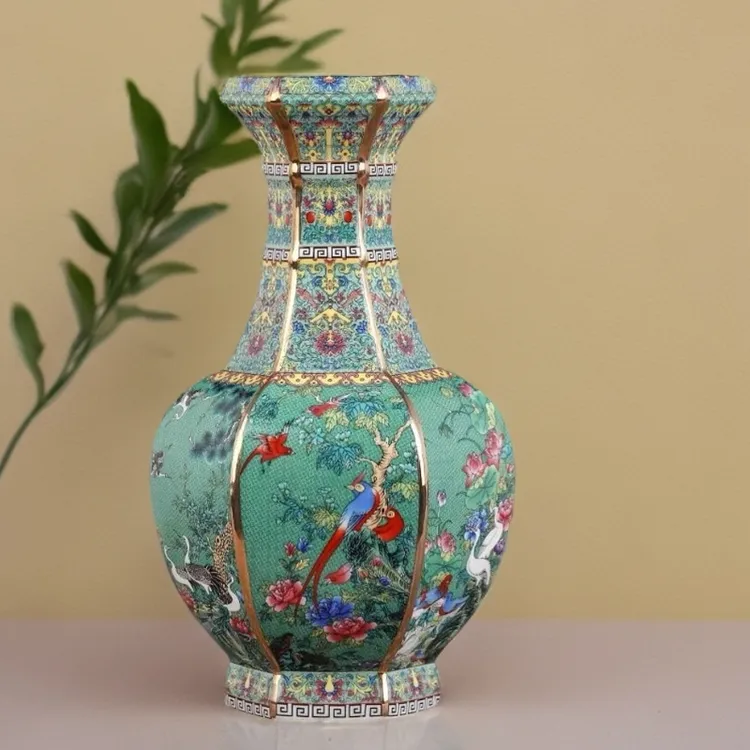 景德镇高温陶瓷珐琅彩六方瓶客厅办公室玄关柜台手绘花瓶花瓶陶瓷