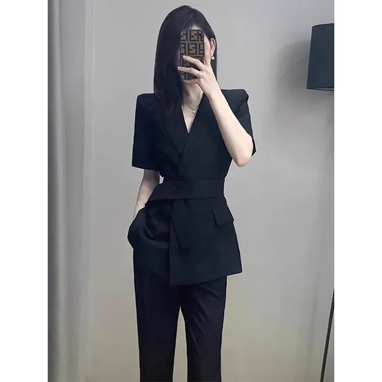 高级感黑色新中式短袖西装套装女夏季新款气质职业通勤西服两件套