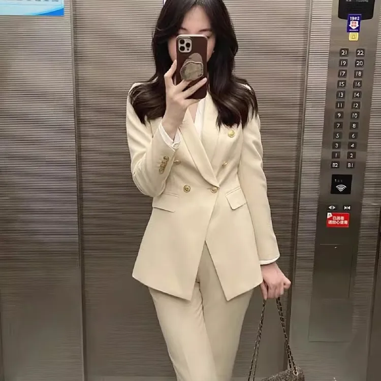 杏色高端西装套装女春秋气质通勤高级感职业正装西服两件套小个子